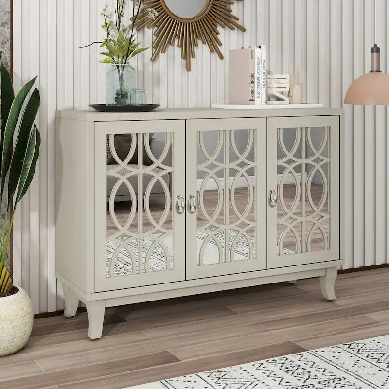 Sideboard Buffet Cabinet with 3 Mirrored Glass Doors and Silver Handle - 47.2L x 15.6W x 33.9H