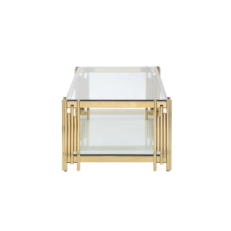 48 Wide Rectangular Coffee Table with Glass Top, Stainless Steel Double-Layer Coffee Table