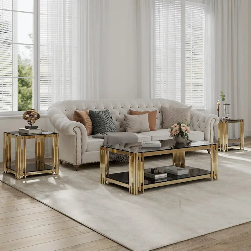 48 Wide Rectangular Coffee Table with Glass Top, Stainless Steel Double-Layer Coffee Table