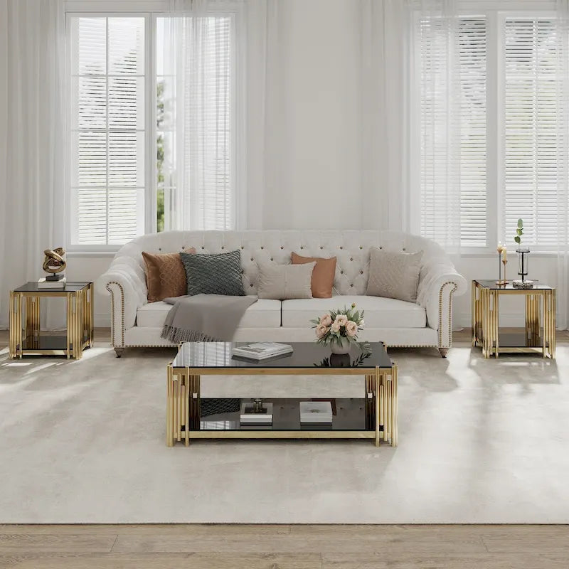48 Wide Rectangular Coffee Table with Glass Top, Stainless Steel Double-Layer Coffee Table