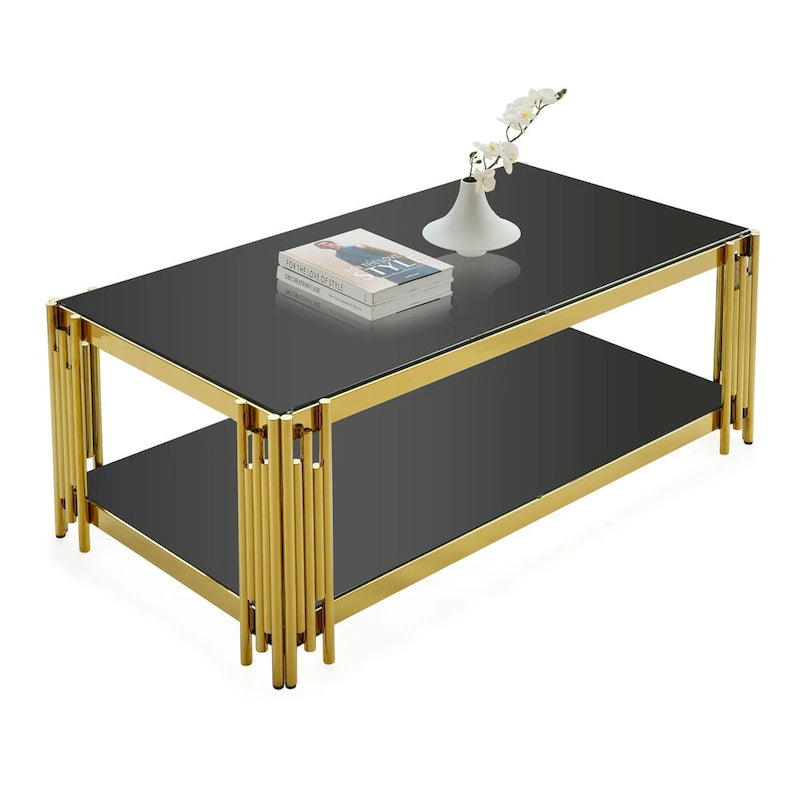 48 Wide Rectangular Coffee Table with Glass Top, Stainless Steel Double-Layer Coffee Table