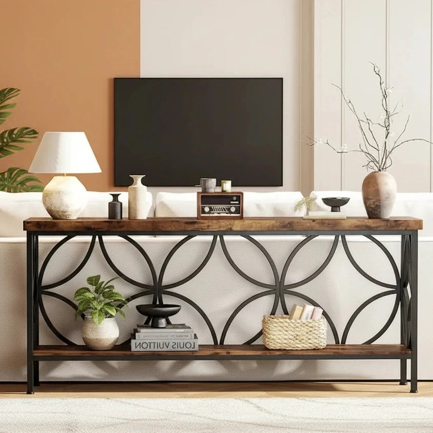 Extra Long Sofa Table with Metal Frame & Rustic Wood Finish - 70.86 L x 11.81 W x 31.88 H