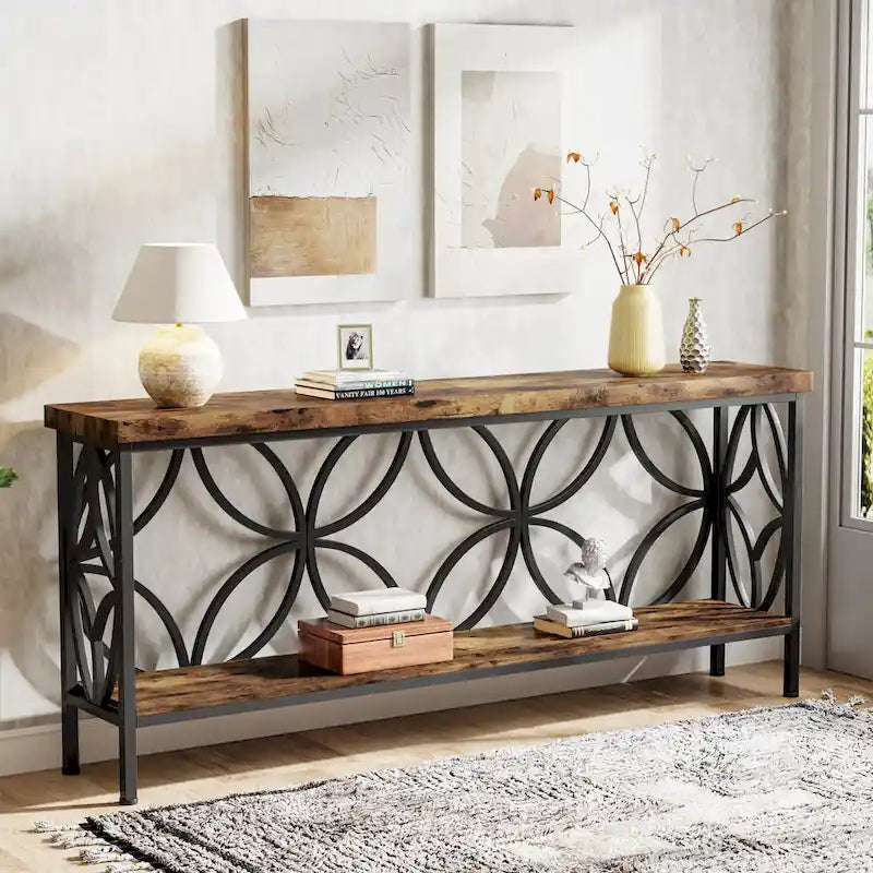 Extra Long Sofa Table with Metal Frame & Rustic Wood Finish - 70.86 L x 11.81 W x 31.88 H