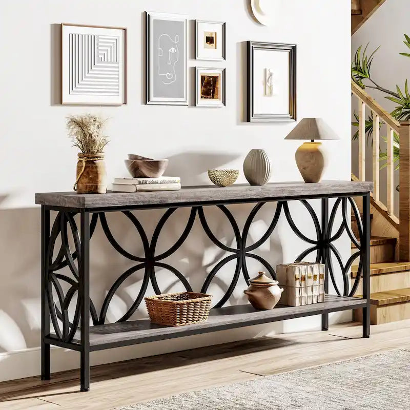 Extra Long Sofa Table with Metal Frame & Rustic Wood Finish - 70.86 L x 11.81 W x 31.88 H