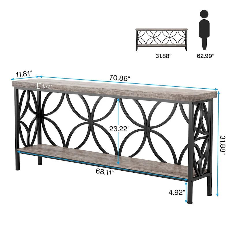Extra Long Sofa Table with Metal Frame & Rustic Wood Finish - 70.86 L x 11.81 W x 31.88 H